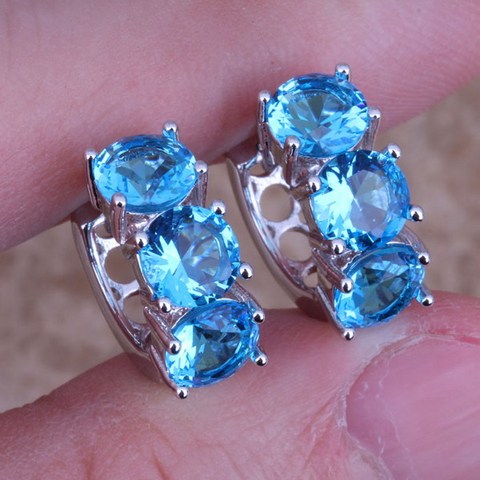 Adorable Swiss Blue Cubic Zirconia Silver Plated Huggie Hoop Earrings S0229 ► Photo 1/2