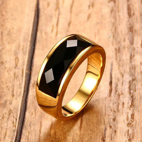 Men's Black Carnelian Stone Rings Gold Tone Stainless Steel Wedding Engagement Band for Men Male Jewelry Anel Aneis Masculinos ► Photo 1/6