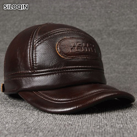 SILOQIN Adjustable Size Men's 100% Genuine Leather Cap Winter Warm Baseball Caps With Earmuffs Cowhide Leather Brand Hat for Men ► Photo 1/6
