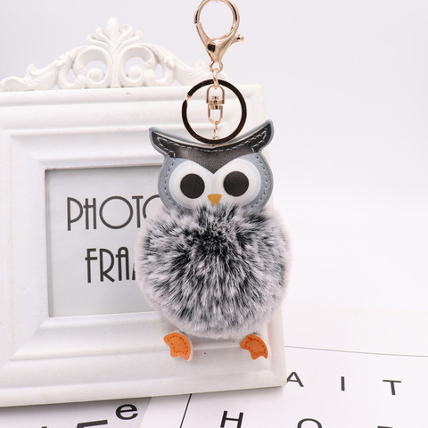 Cute Pompom Owl Keychain pom pom Key Chain Rabbit Fur Ball pompon Porte Clef Fluffy Leather Key Ring accessories Jewelry ► Photo 1/6