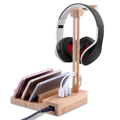 Light Weight Wooden Headphone Hanger Holder Stand With USB Interface Universal Charging Earphone USB 5V/3A Charger With 3 USB 3. ► Photo 1/6