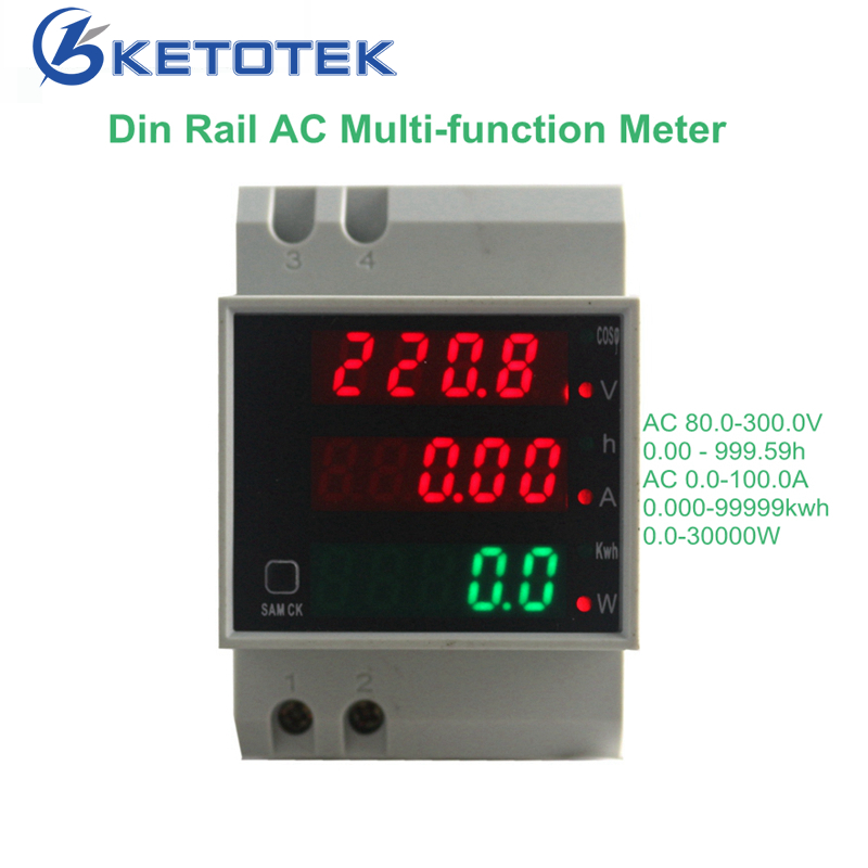 DIN-Rail Volt Power Factor Watt Meter AC 80-300V 200-450V 100A Voltmeter Ammeter 