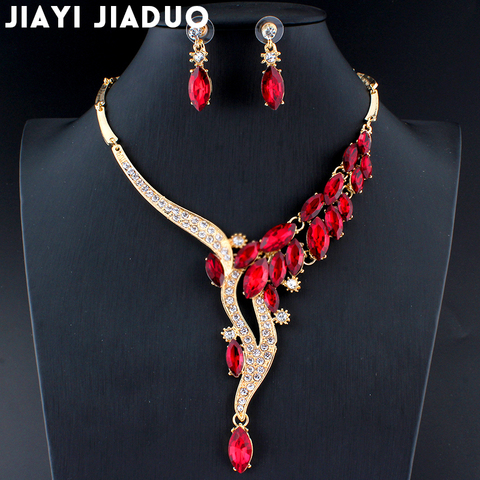 Jiayijiaduo Wedding Jewelry Sets Red Crystal Necklace Earrings Gift for Glamor Women Accessories Dropshipping Gold Color Dating ► Photo 1/6