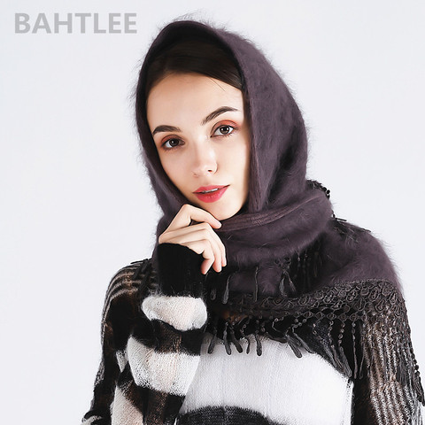 BAHTLEE  Winter Muslim Women's Angora Rabbit Turban Hijab Scarf  Poncho Triangular Shawl Knitted Real Fur Wrap Cloak Cape ► Photo 1/6