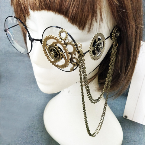Retro Women Round Steampunk Glasses Frame Ladies Lolita Gears Chain Decoration Eyewear Punk Gothic Cosplay Accessories Halloween ► Photo 1/2