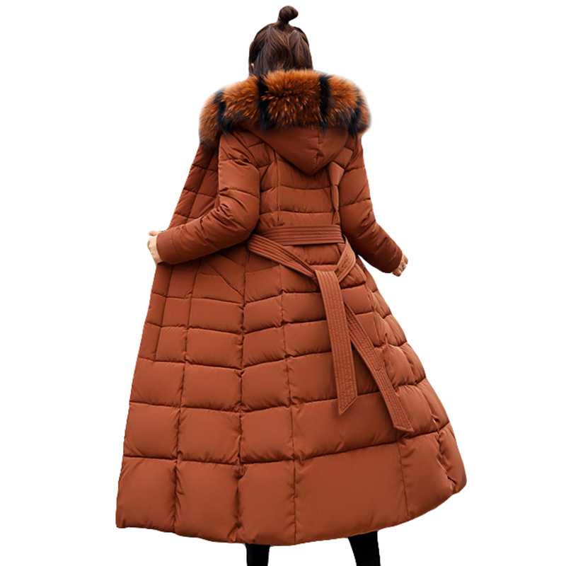 Fashion Winter Jacket Women Big Fur Belt Hooded Thick Down Parkas