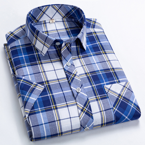 Checkered shirts for men Summer short sleeved leisure slim fit Plaid Shirt square collar soft causal male tops with front pocket ► Photo 1/6
