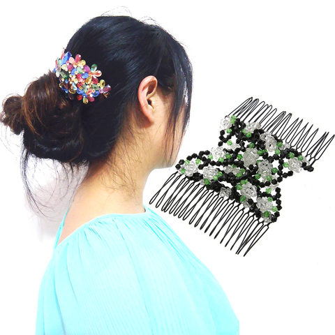Fashion Double Slide Hair Combs Clips Womens Stretchy Magic Wood Beads Hairpin 