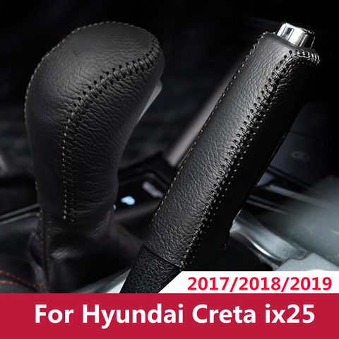 2x Cow Leather Gear Shift Knob Cover Case Hand Brake Cover Grips for Hyundai Creta ix25 2017 2022 MT AT Decorative Styling ► Photo 1/6