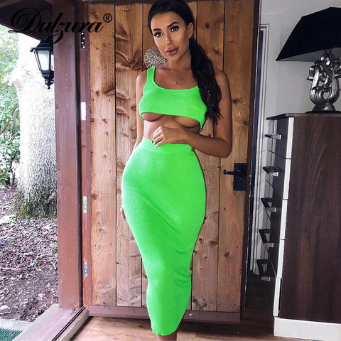 Dulzura neon ribbed knitted women two piece matching co ord set crop top midi skirt sexy festival party 2022 winter clothing ► Photo 1/6