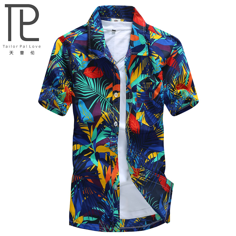 5,XL Mens Hawaiian Printed Shirt Mens Summer Beach Short Sleeve Floral Shirts