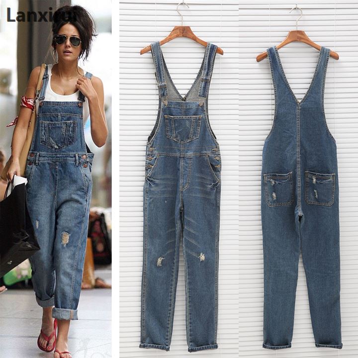 Generic Womens Classic Denim Ripped Hole Bib Overall Jumpsuit Casual Jeans Pants