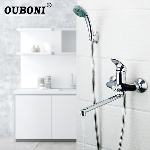 OUBONI Wall Mounted Length Outlet Rotating Bathroom Shower Faucet Bath Faucet Mixer Tap With Hand Shower Faucet Set Bathtub ► Photo 1/6
