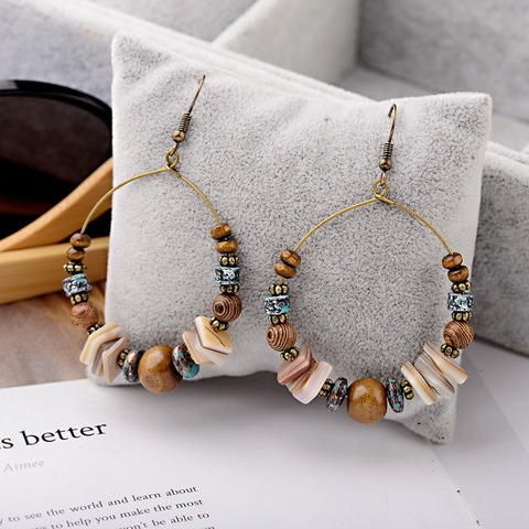 DOUVEI 2022 Ethnic Bohemia Women's Gypsy Big Round Bronze Wood Beads Drop Earrings Vintage Boho Style For Female HQE741 ► Photo 1/6