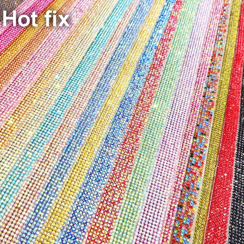 Colorful hot fix iron on SS6 2mm full glass Crystal rhinestones Beaded banding Sheet mesh Stickers wedding dress Applique trim ► Photo 1/2