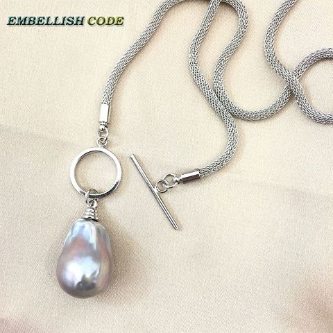 NEW OT circle clasp design gray grey baroque pearl pendant necklace flame ball shape snake Durable chain sterling silver special ► Photo 1/1