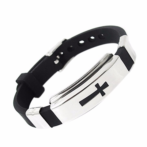 1PC Silicone Buckle Bracelets Bangle Fashion Cool Wristband Jewelry Womens Mens Cross Stainless Steel ► Photo 1/5