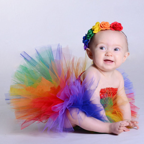 Princess Baby Rainbow Couture Tutu Dress with Flower Headband Halloween Birthday Costume Girls Photo Props TS125 ► Photo 1/6