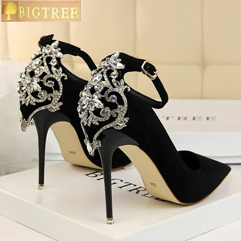BIGTREE Elegant Crystal Pointed Toe Wedding Shoe Women's Pumps Solid Flock Fashion Buckle Shallow High Heels Shoes for Women ► Photo 1/6