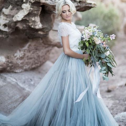 Sky Blue Lace Bride Dress Short Sleeves A-line Romantic Wedding Dress vestidos de novia 2022 Cheap High Quality Wedding Gown ► Photo 1/6