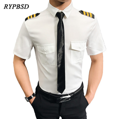 Camisa Social Manga Curta Air Force Pilots Uniform Shirt Men Black White Slim Fit Camisa Social Masculina Dress Shirt ► Photo 1/1