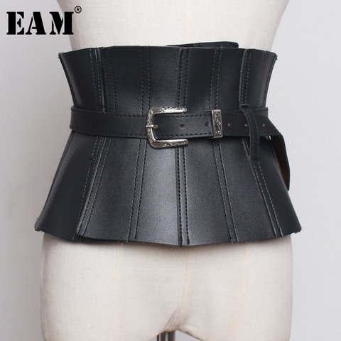 [EAM] 2022 New Spring Summer Pu Leather Black Ruffles Buckle Split Joint Personality Wide Belt Women Fashion All-match JW179 ► Photo 1/3