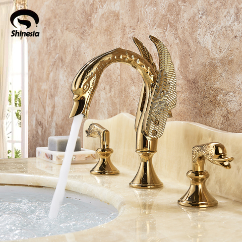 Luxury Bathroom Faucet Brass Golden Swan Shape Basin Tap Dual Handle Deck Mount Mixer Tap Sink Faucets Hot And Cold Water Mixer ► Photo 1/6