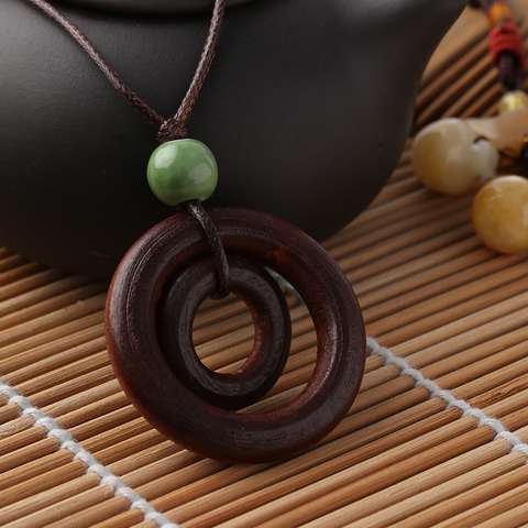 1 Pcs Fashion creative dreams simple fashion Double-circle Pendant Brown Rope Chain Handmade Resin Wood Necklace ► Photo 1/6