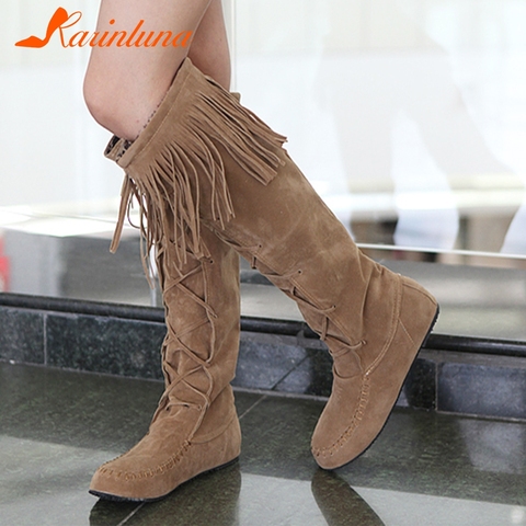 KARINLUNA Brand New Solid Ladies Flat With Round Toe Fringe Shoes Woman Casual Soft Winter Knee-High Boots Large Size 34-43 ► Photo 1/6