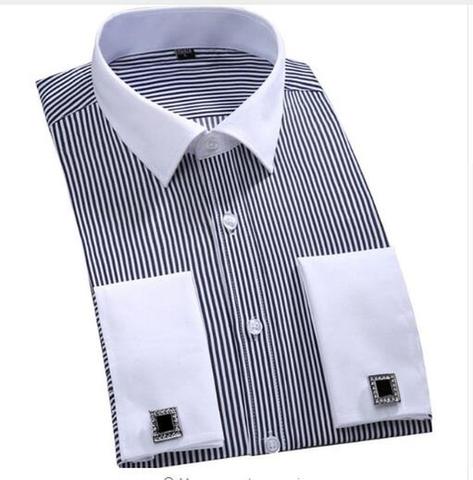 Men's Luxury French Cuff Striped Dress Shirts Patchwork Plaid Long Sleeve Button Down Slim Fit Formal Shirt Camisa Masculina ► Photo 1/6