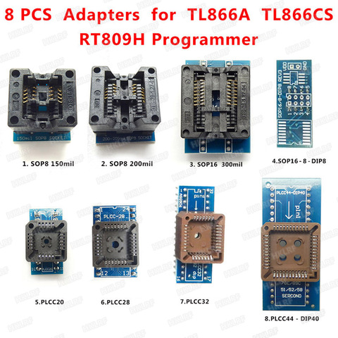 8 PCS Programmer Adapters Socket Kit SOP8+SOP16 +PLCC32 +PLCC44 Adapter for TL866CS TL866A EZP2010 RT809H Programmer ► Photo 1/6