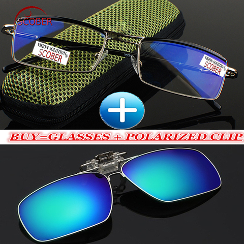 =SCOBER= Polarized Clip + Classic Titanium Alloy  Coated Lenses Business Double Bridge Reading Glasses +0.5 +0.75 +1 to +6 ► Photo 1/6