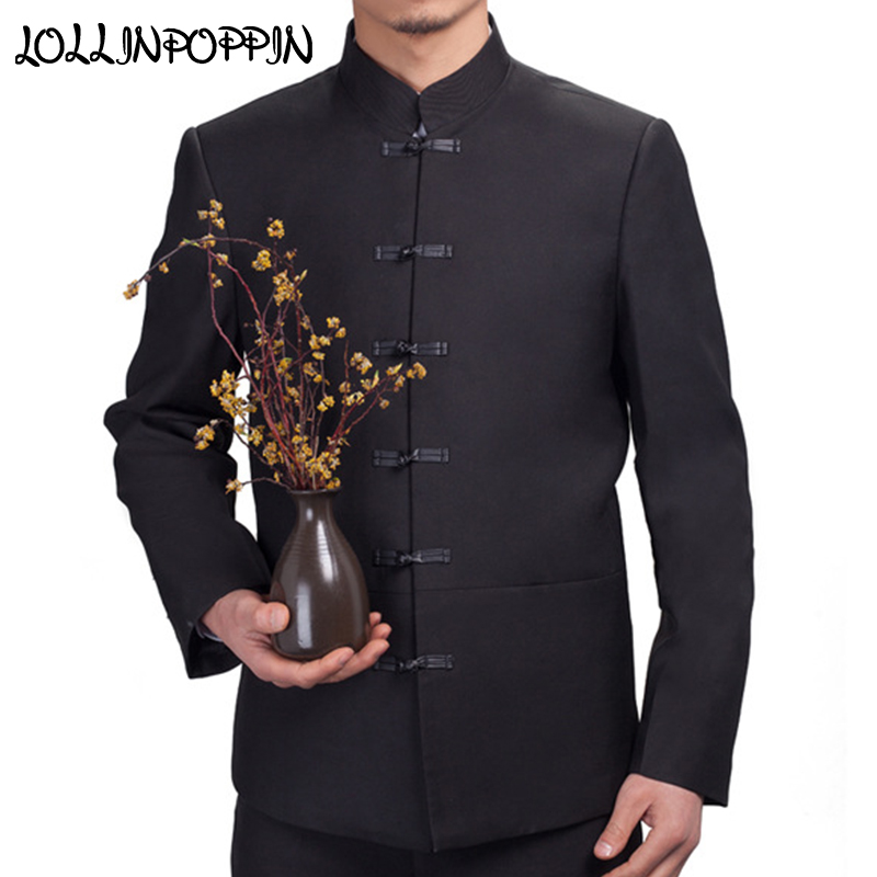 Chinese Traditional Men's Banded Collar Single Breasted Tunic Suit Blazer Coat A 