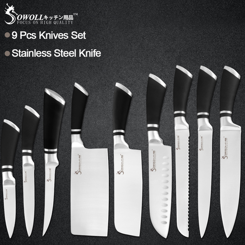 Sowoll 9pcs Stainless Steel Knives Set Non-slip Handle Chef Chopping Boning Cleaver Kitchen Knives Cooking Household Tools ► Photo 1/6