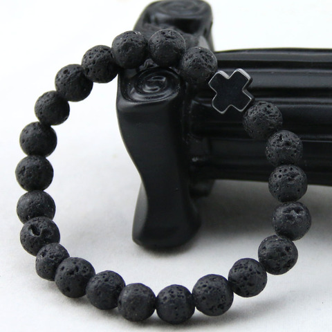 New Arrival Mens Beaded Jewelry 8mm Lava Stone Beads Gallstone Cross Bracelets Party Gift Yoga Jewelry ► Photo 1/6