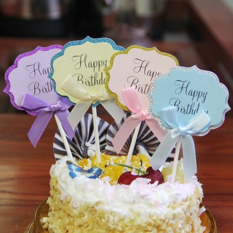 5pcs/lot Bow Happy Birthday Cake Topper DIY Blank Wedding Cupcake Flags Birthday Party Cake Baking Decor Baby shower Cake Flags ► Photo 1/6