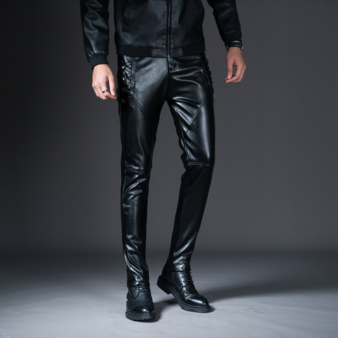 New Winter Mens Skinny Biker Leather Pants Fashion Faux Leather Motorcycle Trousers For Male Stage Club Wear ► Photo 1/6