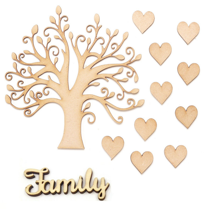 Craft Blank Shape MDF Wooden MDF Tree Set inc 12 free hearts and Family word 