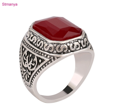 Men Rings Big Black/Red Carved Stone Antique  Plated Ring For Women Retro Texture Engraved Wholesale Lover ring #20035 ► Photo 1/5