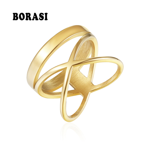 BORASI Trendy Round Plus Cross Ring For Women Wedding Bands Rings Gold Color Fashion Jewelry Stainless Steel Party New Rings ► Photo 1/5