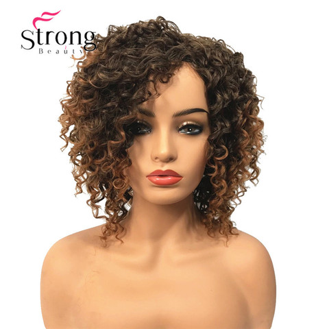 StrongBeauty Short Brown Highlights Ombre Curly Afro High Heat Ok Full Synthetic Wig Wigs ► Photo 1/3