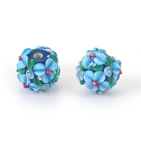 DoreenBeads Lampwork Glass Encased Floral Beads Round Blue Flower Leaves Colorful About 13mm x 13mm, Hole: Approx 2.5mm, 1 PC ► Photo 1/6