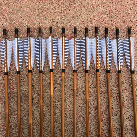 12PK China Traditional Gray Feathers Self Nock Bamboo Arrows For Longbow ► Photo 1/5