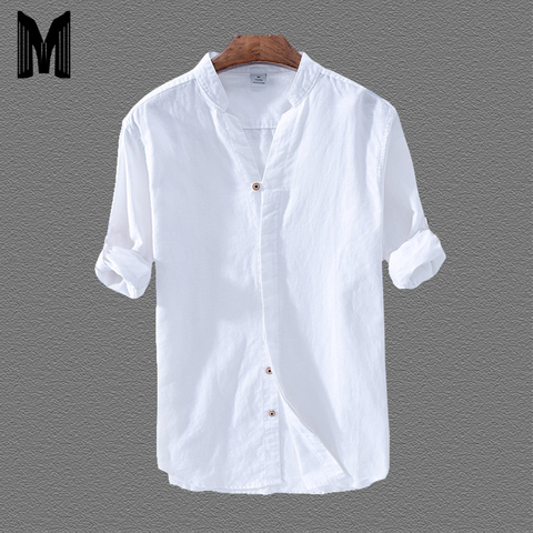 Cotton Linen Casual Shirts For Men Basic Classic White Shirt 2022 Autumn Male Long Sleeve Stand Collar Breathable Men's Clothing ► Photo 1/6