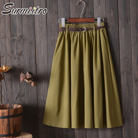 Surmiitro Knee Length Midi Summer Skirt Women With Belt 2022 Korean Ladies Blue Black Red High Waist Pleated School Skirt Female ► Photo 1/6