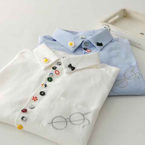 Colorful buttons Glasses embroidery  long sleeve Oxford cloth shirt blouse mori girl ► Photo 1/5