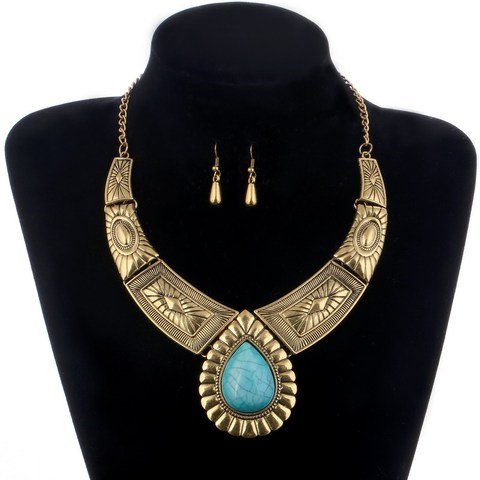Tibetan Gold Jewelry Set Choker Necklace Collar Earrings Set Natural Blue Stone Beads African Jewelry Sets For Women ► Photo 1/6