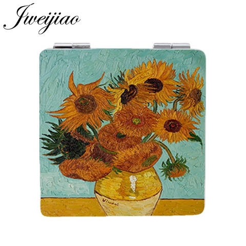 JWEIJIAO van gogh Oil Painting Sunflower Makeup mirrors Famous paintings Starry sky Square leather pocket mirror for women ZZ74 ► Photo 1/6