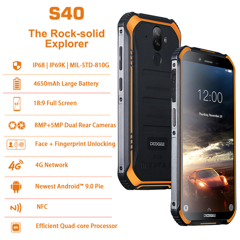 DOOGEE S40 Android 9.0 Rugged Mobile Phone 5.5inch 4650mAh MT6739 3GB RAM 32GB ROM 8.0MP IP68/IP69K Fingerprint 4G Smartphone ► Photo 1/1