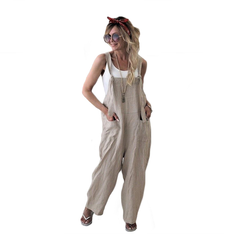 Women Rompers Casual Loose Jumpsuits Baggy Overalls With Pockets Solid Sleeveles Straps Bandage Harem Pants Basic Outfit Clothes ► Photo 1/6